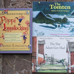 3 Astrid Lindgren books The Adventures of Pippi Longstocking, The Day Adam Got Mad, The Tomten