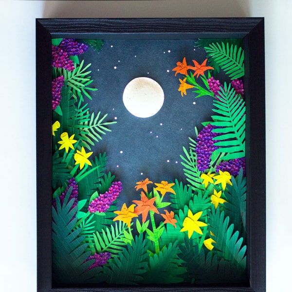 Original Framed Cut Paper Illustration "Moonlight" (That Actually Lights Up!!)