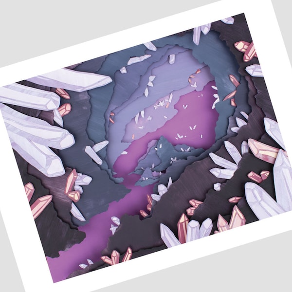 Signed Art Print of Cut Paper "Crystal Caverns" Illustration (12x16) Limited Edition Print