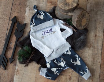 Baby Boy Coming Home Outfit: CHOOSE YOUR COMBO Personalized Name Bodysuit, Deer on Navy Jogger Legging Pants and Knot Top Hat