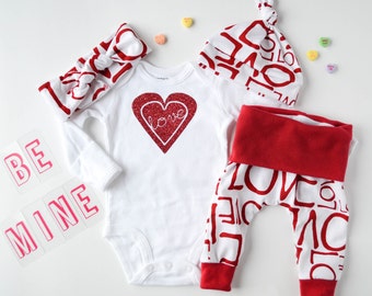 Valentine's Day Baby Girl, Coming Home Outfit CHOOSE YOUR COMBO: Love in Heart Bodysuit, Love Print Headband, Knot Hat, Fold-over Leggings