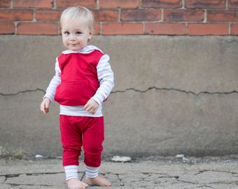 French Terry Hoodie and Pant Set: Red and Gray/White Stripe; coming home outfit, toddler clothing, baby shower, baby clothing