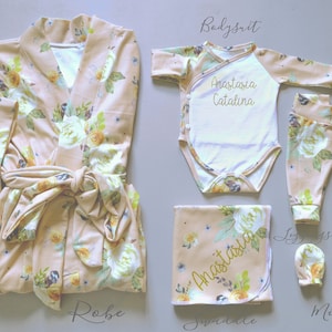 Maternity Robe// Delivery Robe// Postpartum Robe// Mommy and Me Robe and Swaddle// Blush Floral Robe and Coming Home Outfit //Organic Cotton