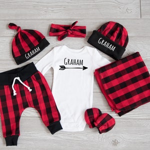 Baby Boy Coming Home Outfit, Christmas: CHOOSE YOUR COMBO Personalized Name Bodysuit, Buffalo Plaid Harem Pants, Slouchy Hat, Swaddle, Mitts