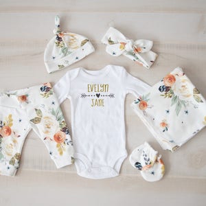 Baby Girl Coming Home Outfit // Fall Coming Home Outfit // Earthtone Floral Pants, Headband, Knot Hat, Personalized Bodysuit, Swaddle, Mitts image 1