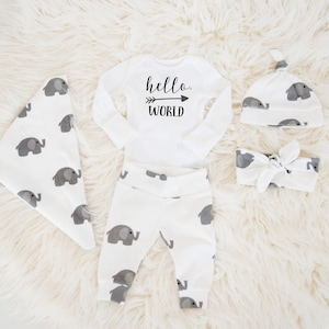 Gender Neutral Coming Home Outfit Baby Boy Baby Girl Coming Home Outfit: Organic Cotton Elephant Pants, Knot Hat, Hello, World Name Bodysuit image 1