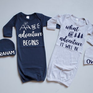 Twin Baby Boy Coming Home Outfit // adventure begins // Twin Baby Gown, Personalized Hat // Navy // Gray// Newborn Photo Outfit