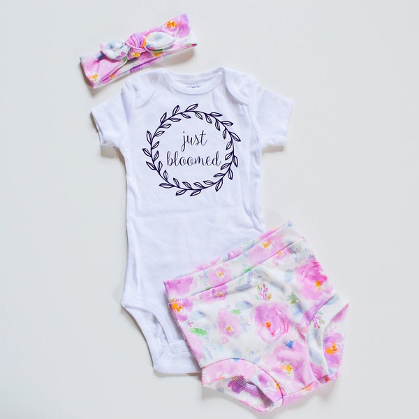 Baby Girl Coming Home Outfit/Summer Clothing: Just Bloomed Bodysuit, Purple Peony Organic Cotton High Waisted Bummies Shorts and Headband