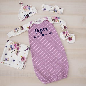 Baby Girl Coming Home Outfit, newborn gown: Violet Purple Floral Personalized Gown, Tie Headband, Knot Hat, Swaddle, Mitts