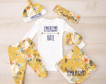 Baby Girl Coming Home Outfit, baby shower: Mustard Earth Tone Floral Pants, Tie Headband, Knot Hat, Personalized Bodysuit, Swaddle, Mitts