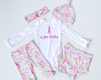 Baby Girl Coming Home Outfit, baby shower: Pastel Flourishes Pants, Tie Headband, Knot Hat, Personalized Bodysuit, Swaddle, Mitts