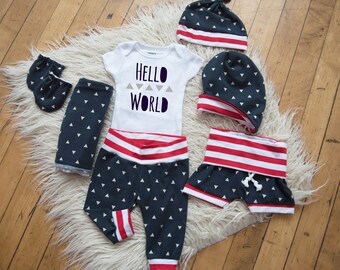 Baby Boy Coming Home Outfit: CHOOSE COMBO Hello World Bodysuit, Navy Triangle Jogger Leggings or Shorts, Knot Hat, Slouchy, Mittens, Swaddle