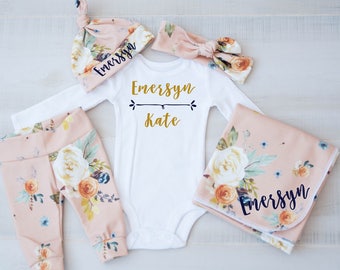 Baby Girl Coming Home Outfit, baby shower: Blush Earth Tone  Floral Pants, Tie Headband, Knot Hat, Hello, World Bodysuit, Swaddle, Mitts