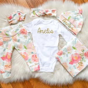 Baby Girl Coming Home Outfit, baby shower: Watercolor Peonies Floral Pants, Tie Headband, Knot Hat, Personalized Bodysuit, Swaddle, Mitts