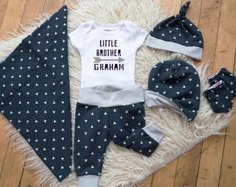 Baby Boy Coming Home Outfit: CHOOSE COMBO Personalized Little Brother Bodysuit, Navy Triangle Jogger or Shorts, Knot Hat, Slouchy Mittens