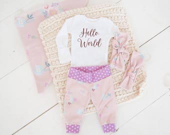 Baby Girl Coming Home Outfit: Organic Cotton Watercolor Floral Pants, Knot Top Headband, Knot Bow Headband, Swaddle, Hello World Bodysuit