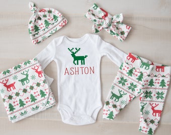 Gender Neutral Christmas Baby Boy, Baby Girl Coming Home Outfit: Organic Ugly Sweater, Fair isle reindeer pants, hat, headband, swaddle