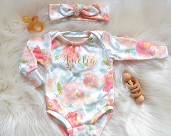 Baby Girl Coming Home Outfit // Organic Cotton Pastel Peonies Bodysuit and Headband // Option to Personalize