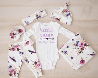 Baby Girl Coming Home Outfit, baby shower: Violet Watercolor Floral Pants, Tie Headband, Knot Hat, Hello, World Bodysuit, Swaddle, Mitts