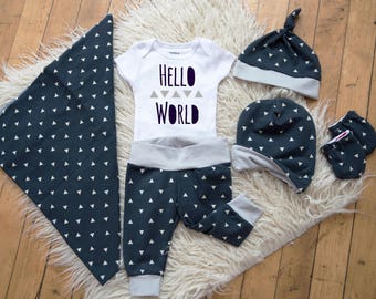 Baby Boy Coming Home Outfit: CHOOSE COMBO Hello World Bodysuit, Navy Triangle Jogger Leggings or Shorts, Headband, Knot Hat, Slouchy Mittens