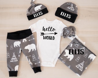 Baby Boy Coming Home Outfit: CHOOSE COMBO Hello, World Bodysuit, Bear and Teepee Legging Pants, Knot or Slouch Hat, Swaddle, Scratch Mitts