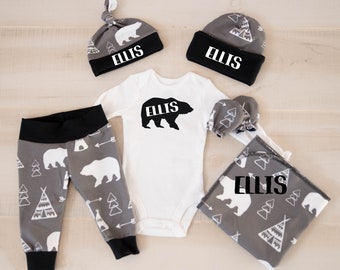 Baby Boy Coming Home Outfit: CHOOSE COMBO Personalized Bodysuit, Bear and Teepee Legging Pants, Knot or Slouch Hat, Swaddle, Scratch Mitts