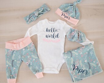 Baby Girl Coming Home Outfit: CHOOSE COMBO Hello World Bodysuit, Organic Whimsy Florishes on Teal Legging , Headband, Swaddle, Scratch Mitts