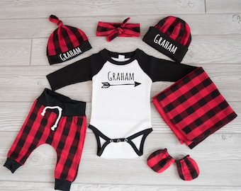 Baby Boy Coming Home Outfit, Christmas: CHOOSE COMBO Personalized Name Arrow Bodysuit, Buffalo Plaid Pants, Hat, Swaddle, Mitts, Headba
