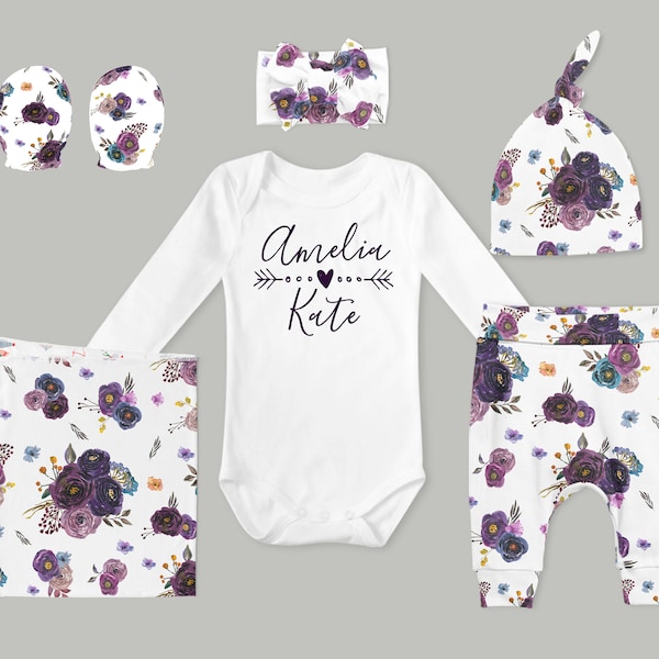 Baby Girl Coming Home Outfit // baby shower // Violet Plum Floral Pants, Tie Headband, Knot Hat, Personalized Bodysuit, Swaddle, Mitts