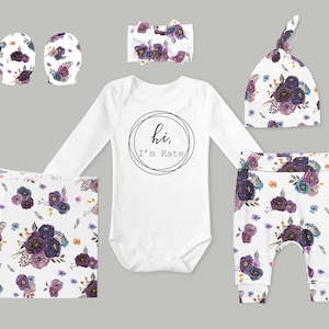 Baby Girl Coming Home Outfit // baby shower // Violet Plum Floral Pants, Tie Headband, Knot Hat, Personalized Bodysuit, Swaddle, Mitts