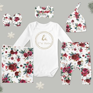 First Christmas Baby Girl Coming Home Outfit // Winter //  Christmas Bodysuit, Winter Floral Pants, Knot Hat, Swaddle, Headband, Mitts
