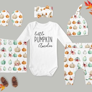 First Thanksgiving Baby Girl Coming Home Outfit // Autumn //  Personalized Bodysuit, Floral Pumpkin Pants, Knot Hat, Swaddle, Headband Mitts