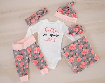 Baby Girl Coming Home Outfit: CHOOSE COMBO Hello World Heart Arrow Bodysuit, Floral Leggings or Shorts, Headband, Hat, Swaddle, Mittens