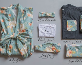 Baby Girl Coming Home Outfit // Mom Robe // Partner Pocket Tee // Dad Shirt // Sage Earthtone Floral  // Personalized Bodysuit, Headband