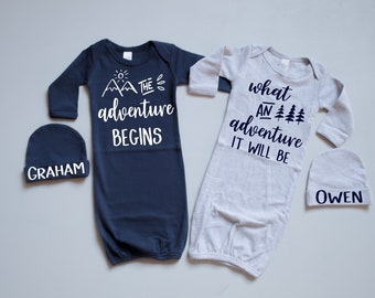 Twin Baby Boy Coming Home Outfit // adventure begins // Twin Baby Gown, Personalized Hat // Navy // Gray// Newborn Photo Outfit