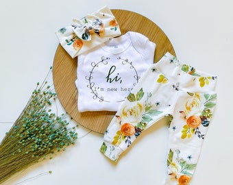 Baby Girl Coming Home Outfit // Earthtone floral  // Newborn Legging // Take home outfit I'm new here Bodysuit // Headband