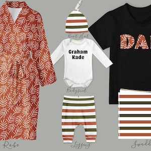 Baby Boy Coming Home Outfit Neutral // Mom Robe // Dad Shirt // Palm and Stripes  // Baby Leggings, Personalized Bodysuit, Hat, Swaddle