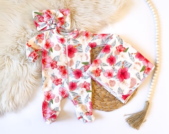 Baby Girl Coming Home Outfit // Newborn Footies // Organic Cotton summer hibiscus Floral: Footies, Tie Headband, Swaddle, Mitts