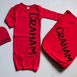 Baby Boy Coming Home Outfit // Baby Girl Coming Home Outfit // Personalized Gown, Swaddle, Hat // Red // Name Gown // Newborn Photo Outfit