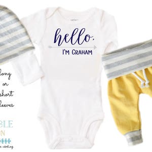 Baby Boy Coming Home Outfit: CHOOSE YOUR COMBO Hello, I&#39;m Personalized Name, Yellow, White and Gray Harem Pants and Reversible Slouchy Hat