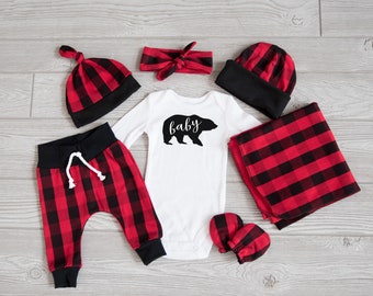 Baby Boy Coming Home Outfit, Christmas: CHOOSE YOUR COMBO Baby Bear Bodysuit, Buffalo Plaid Harem Pants, Slouchy Hat, Swaddle, Mitts
