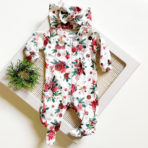 Baby Girl Christmas Coming Home Outfit // Newborn Footies // Organic Cotton Poinsettia Footies, Tie Headband