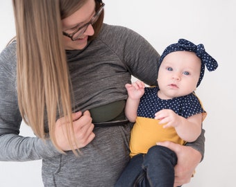 PRE-ORDER Nursingwear: Breastfeeding Friendly Fitted Gray Athletic Hoodie with Cowl Hood and Kangaroo Pocket