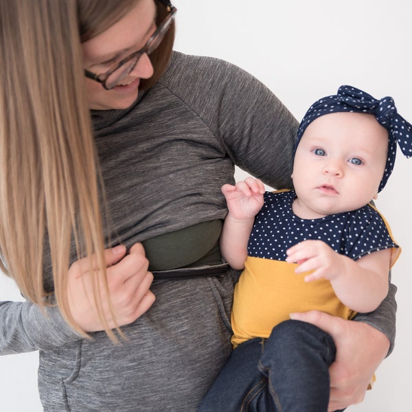 PRE-ORDER Nursingwear: Breastfeeding Friendly Fitted Gray Athletic Hoodie with Cowl Hood and Kangaroo Pocket