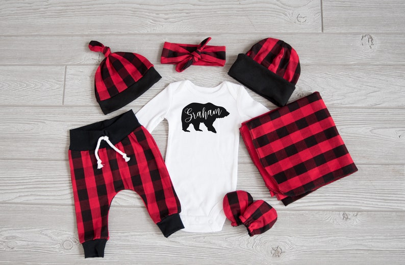 Baby Boy Coming Home Outfit, Christmas: CHOOSE YOUR COMBO Personalized Bear Bodysuit, Buffalo Plaid Harem Pants, Slouchy Hat, Swaddle, Mitts 