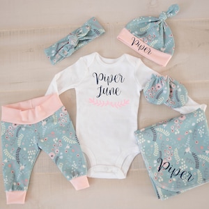 Baby Girl Coming Home Outfit: CHOOSE COMBO Personalized Bodysuit, Organic Whimsy Florish on Teal Legging , Headband, Swaddle, Scratch Mitts