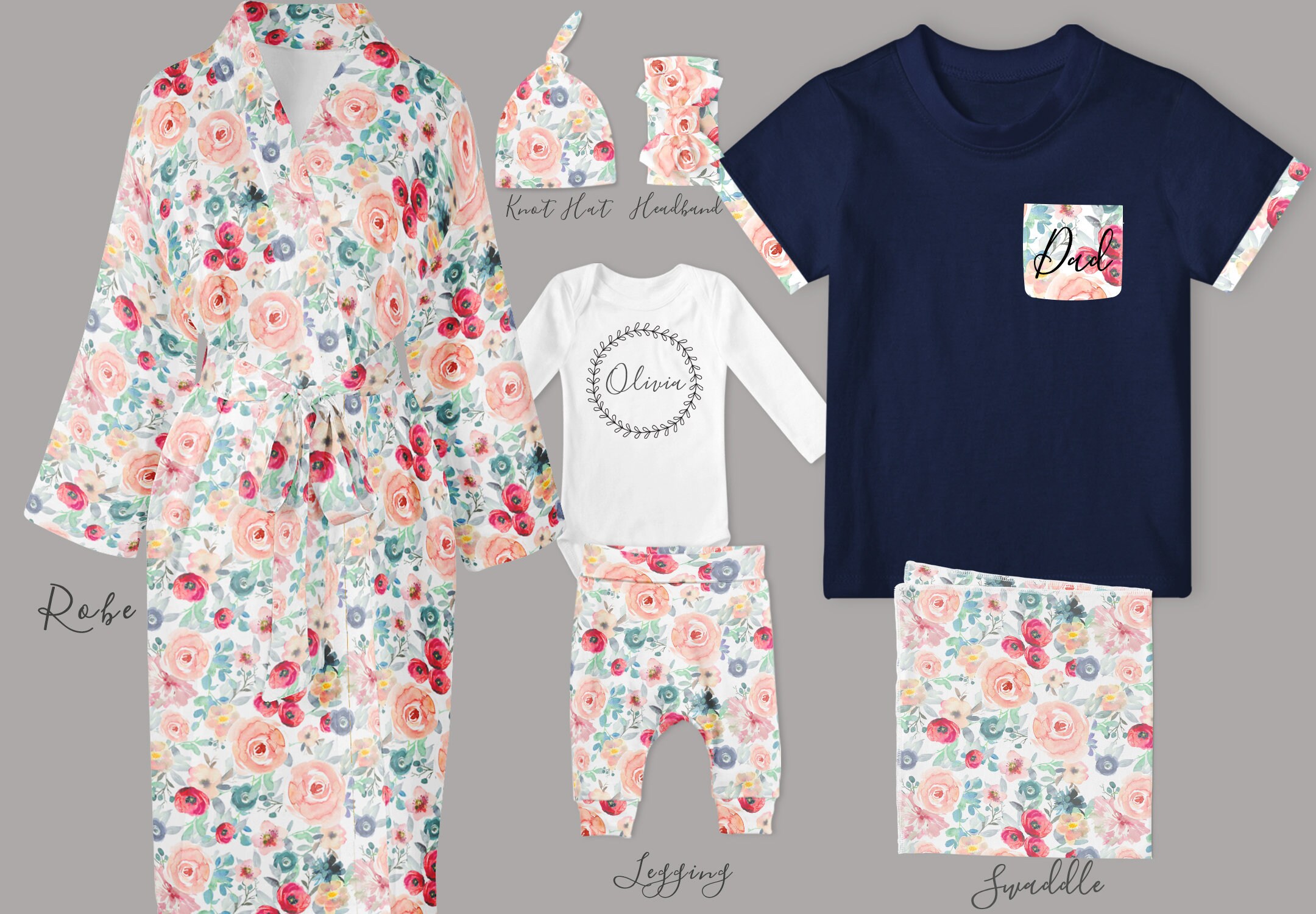 Baby Girl Coming Home Outfit // Mom Robe // Dad Shirt // Pastel Spring Floral Leggings, Personalized Bodysuit, Knot Hat, Swaddle