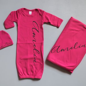 Baby Girl Coming Home Outfit // Personalized Gown, Swaddle, Hat Set // Pink // Name Gown // Newborn Photo Outfit