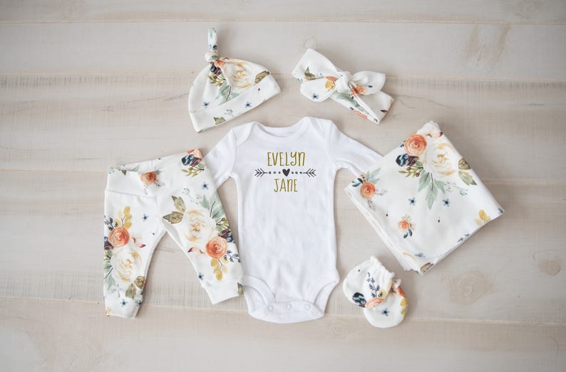 Baby Girl Coming Home Outfit // Fall Coming Home Outfit // Earthtone Floral Pants, Headband, Knot Hat, Personalized Bodysuit, Swaddle, Mitts 