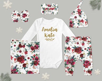 First Christmas Baby Girl Coming Home Outfit // Winter //  Personalized Bodysuit, Winter Floral Pants, Knot Hat, Swaddle, Headband, Mitts